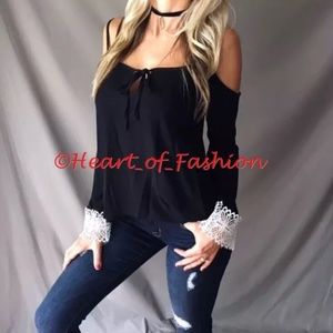 Cold Shoulder Crochet Lace Cuff Relaxed Blouse